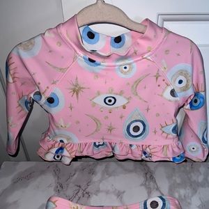 SOLD Posh Fiona Long Sleeve Rash Guard Ruffled Bummie Set/ swimsuit / Evil eye